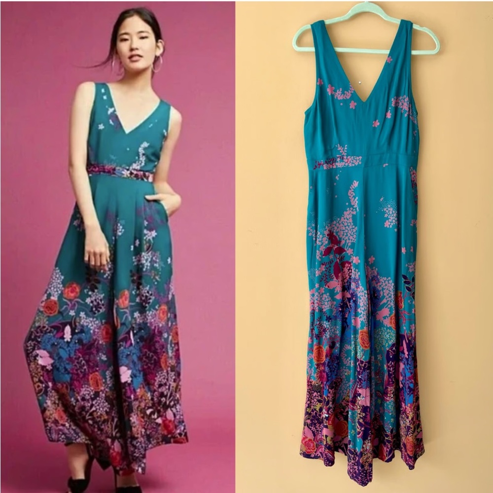 Anthropologie Teal Floral Jumpsuit